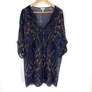 Joie Tunic Top Size XS Womens Navy Paisley Sheer Silk Blouse Shirt Long Sleeve
